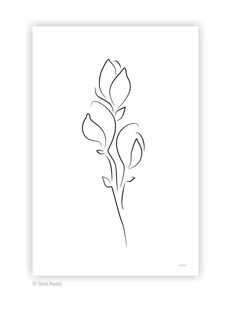 Lonely branch sketch Minimalist magnolia art print Black and white flower line drawing Wall art print on paper.