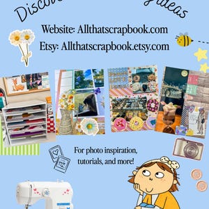 Puede incluir: Un gr&aacute;fico promocional azul claro con el texto Discover scrapbooking ideas, Allthatscrapbook.com y Allthatscrapbook.etsy.com. Muestra un organizador de papel blanco, cuatro dise&ntilde;os de &aacute;lbumes de recortes, una m&aacute;quina de coser y un personaje.