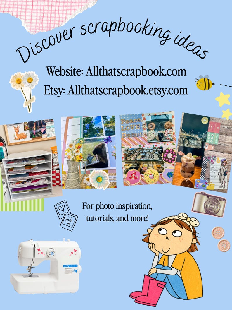 Puede incluir: Un gr&aacute;fico promocional azul claro con el texto Discover scrapbooking ideas, Allthatscrapbook.com y Allthatscrapbook.etsy.com. Muestra un organizador de papel blanco, cuatro dise&ntilde;os de &aacute;lbumes de recortes, una m&aacute;quina de coser y un personaje.
