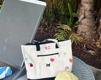 LARGE Custom Tote Bag With Zipper, Canvas Handbag For Women Personalized With Icons & Name, Great Gift for Bachelorette, Pet Parents, Girls