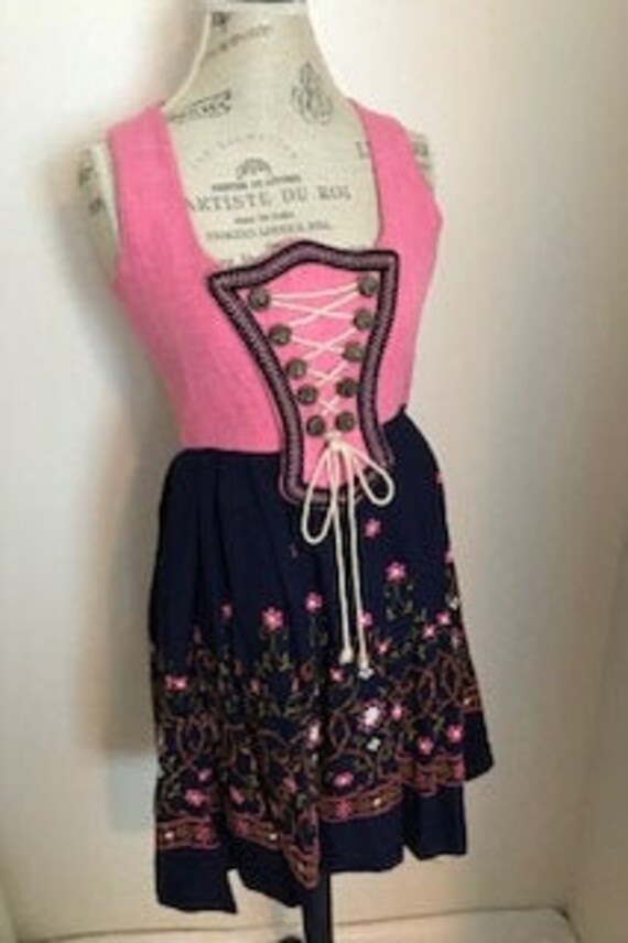 1970s Vintage Dirndl, Pink & Navy Dress. Dirndl St