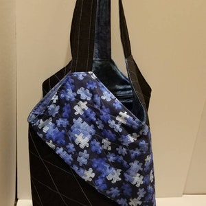 Autism Awareness Large Tote Bag in Blue Puzzle Fabric and Dark Blue Denim