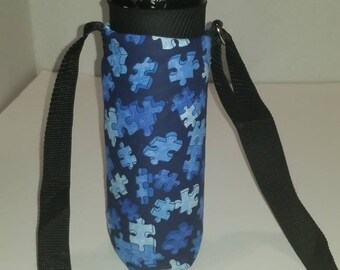 Autism Awareness Water Bottle Holder in Blue Puzzle Fabric