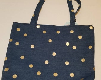 Medium Blue Denim Tote Bag - Gold Circle