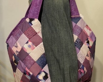 Handmade Large Reversible Patchwork Tote Bag made with Shades of Purple Fabrics