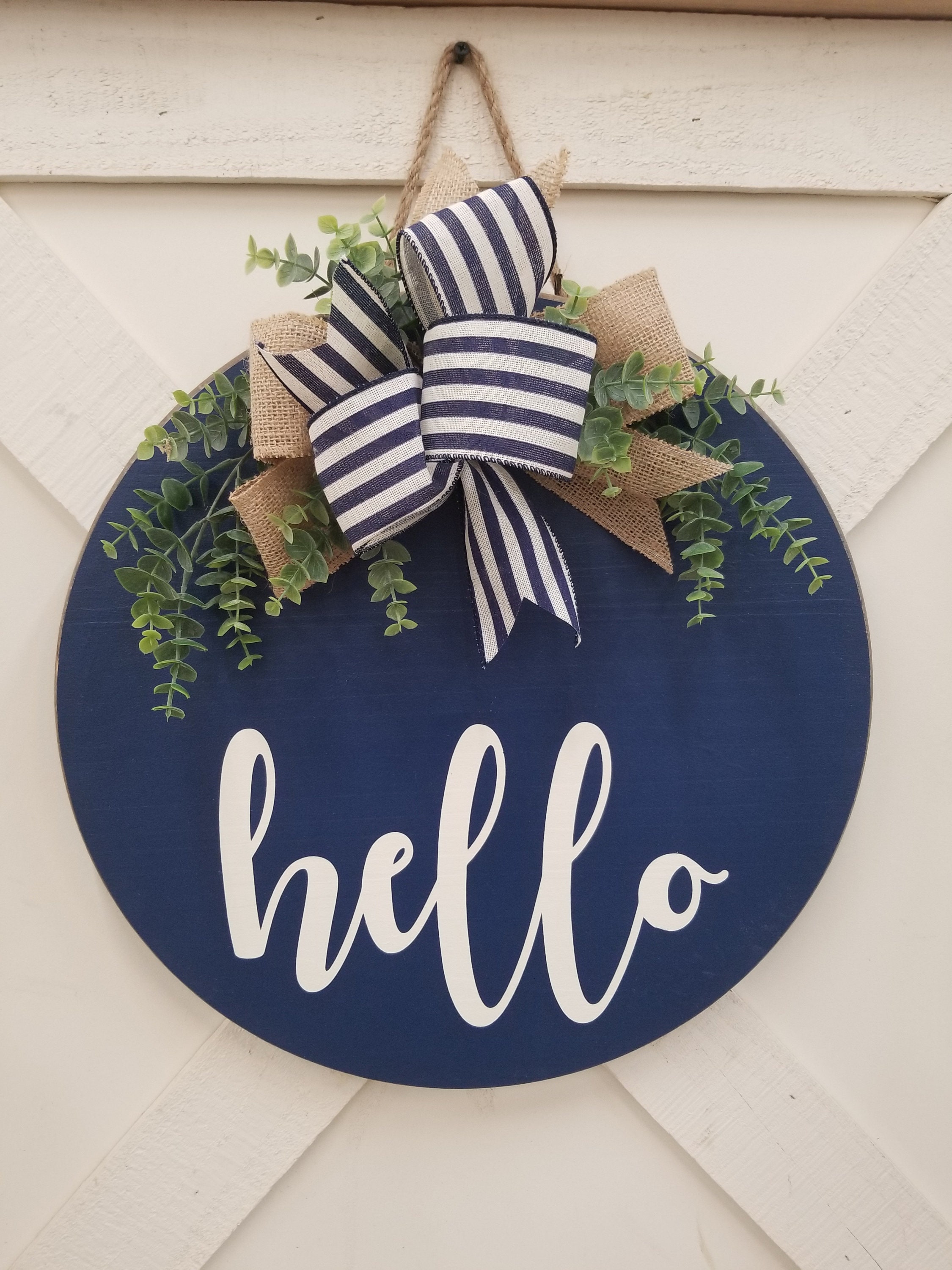 order door hangers on Hello Door Hanger Round Door Hanger Round Sign Navy Round Etsy