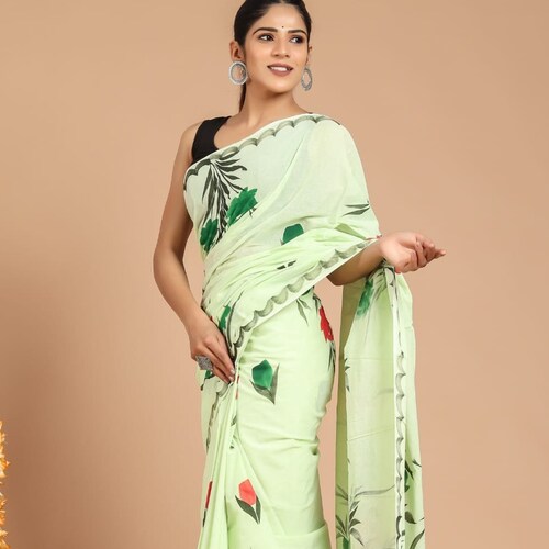 Glam up your look with this shops Handblock Print Cotton Mul Naturally Dyed Saree With Blouse Piece