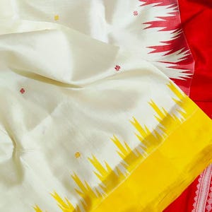 Sari de seda Patta de Berhampuri / Borde Ganga Jamuna / Seda pura tejida a mano en Odisha