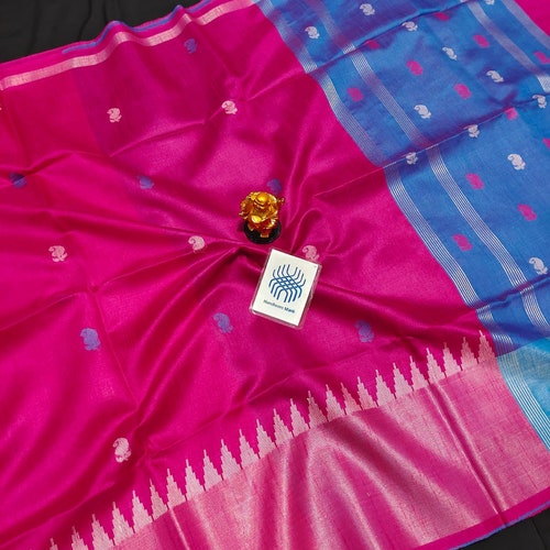 Array of Colors - Chhattisgarh shops Handloom Semi Raw Silk Silver Zari Temple Border Saree With Contrast Pallu and blouse piece