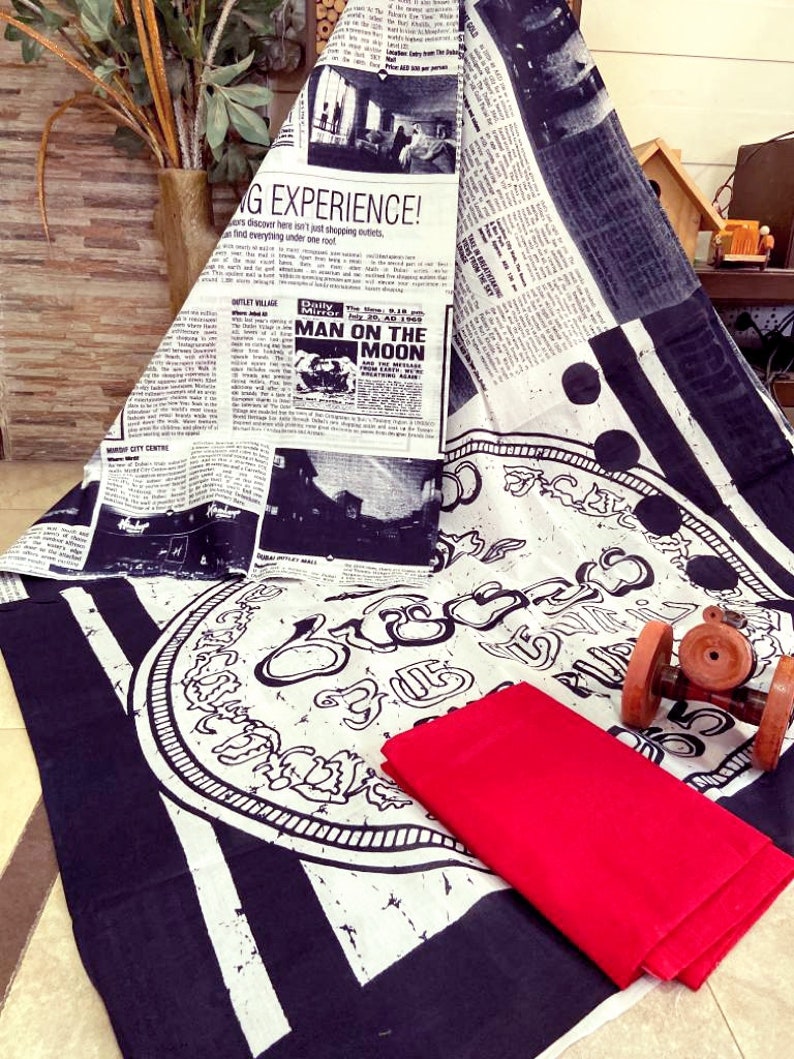 Newspaper Print Saree / Handblock Print/ Cotton Malmal Saree Etsy
