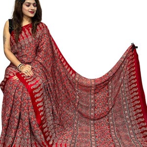 Premium Ajrakh Modal Silk Saree - Authentic Handblock Print