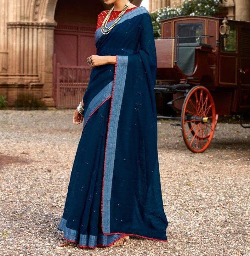 Ethnics Land Sequins Weaving Work With Blouse Piece /& Matching Contrast Face Mask Linen Cotton Saree