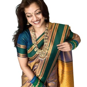 Trending Green & Gold Traditional Maharashtrian Silk Saree With Contrast Blouse Piece