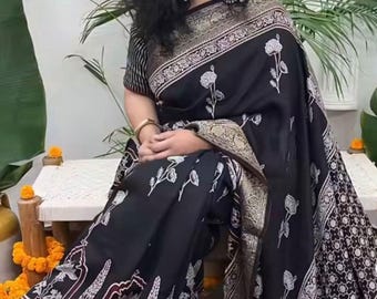 Authentic Ajrakh Modal Silk Saree | Hand Block Print, Natural Dye, Kutch Handmade