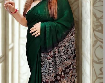 Ajrakh Hand Block Printed Modal Silk Saree – New Design, New Look