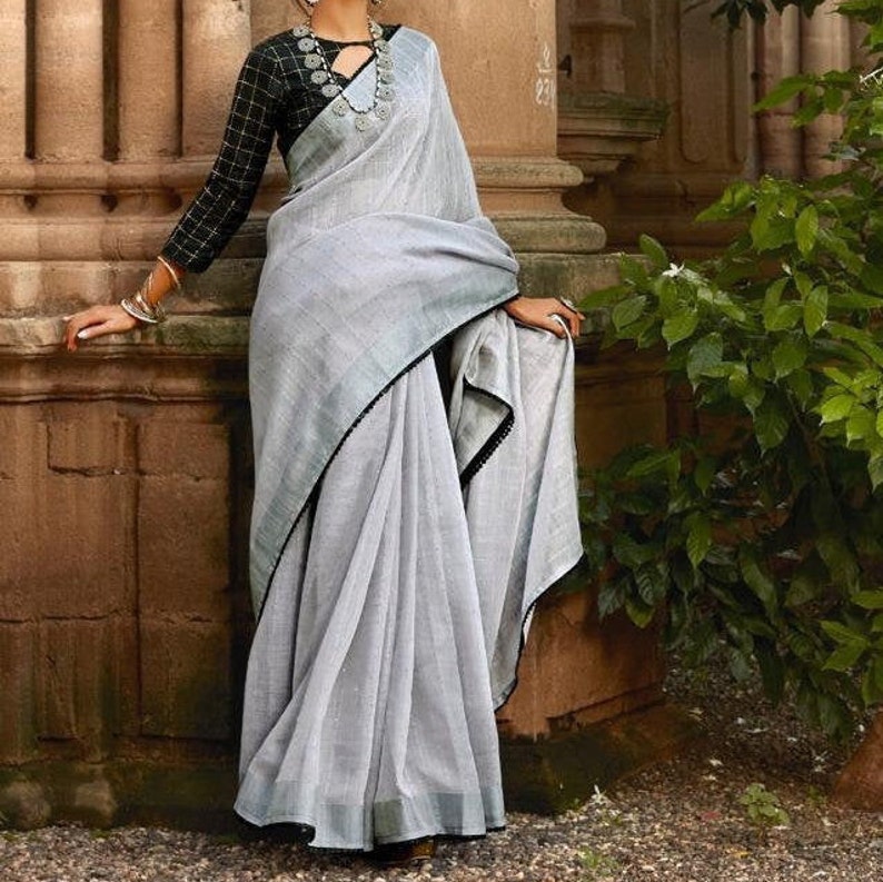 Ethnics Land Sequins Weaving Work With Blouse Piece /& Matching Contrast Face Mask Linen Cotton Saree