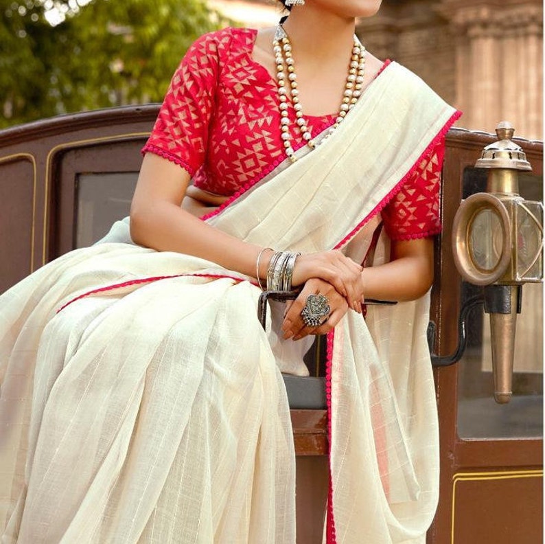 Ethnics Land Sequins Weaving Work With Blouse Piece /& Matching Contrast Face Mask Linen Cotton Saree