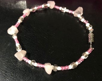 Bracelet- Pink, White, & Silver + Upgrade Crystals Rose Quartz