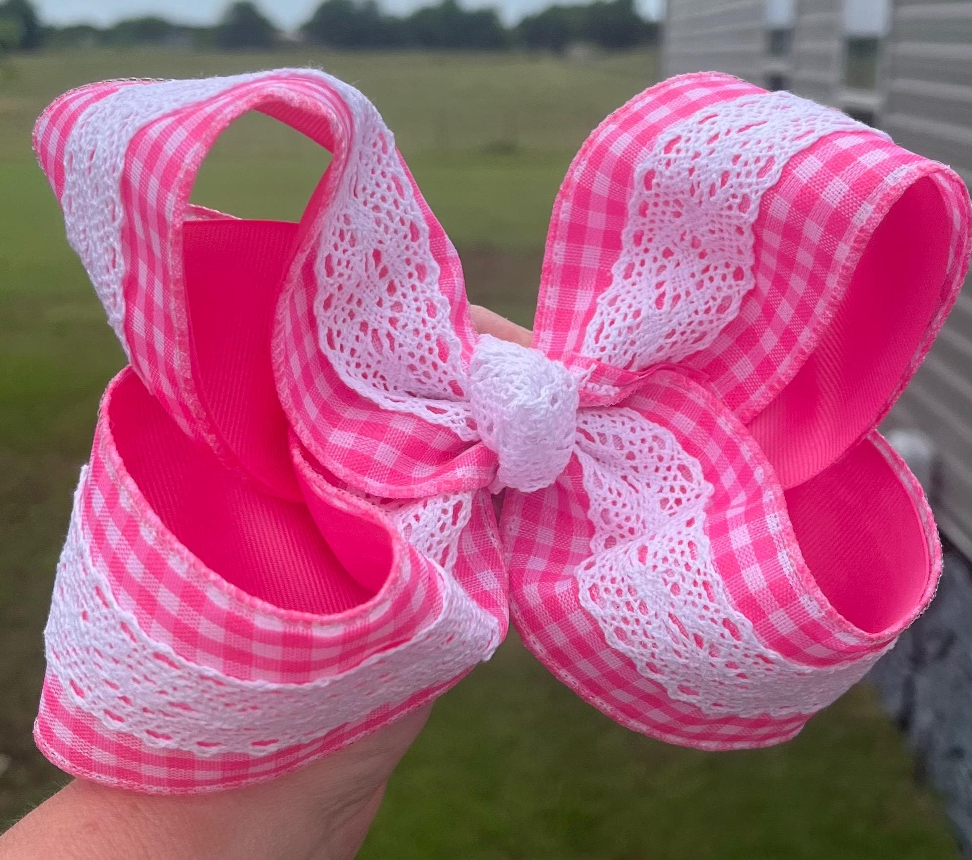 Pink Gingham Lace Bow