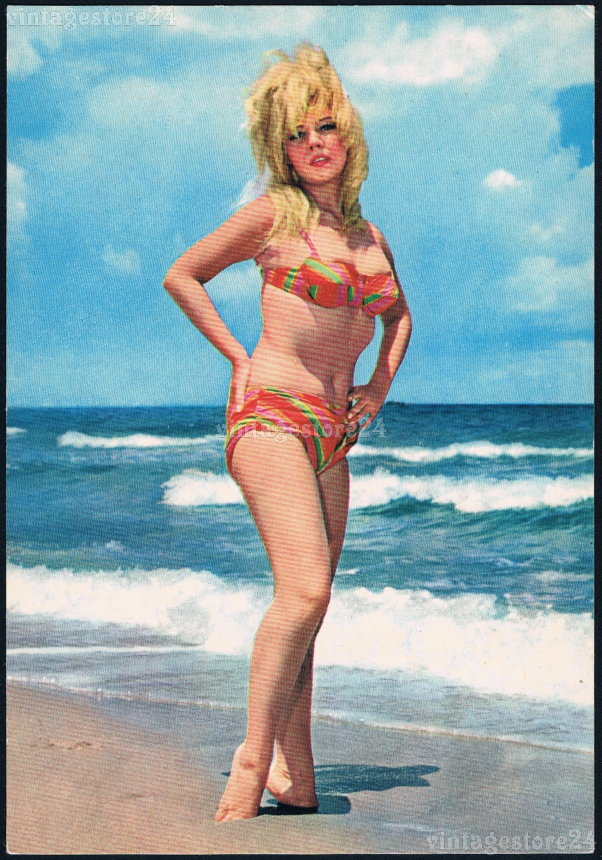 Vintage Unused German Postcard 1960s Pin up Girl on Beach