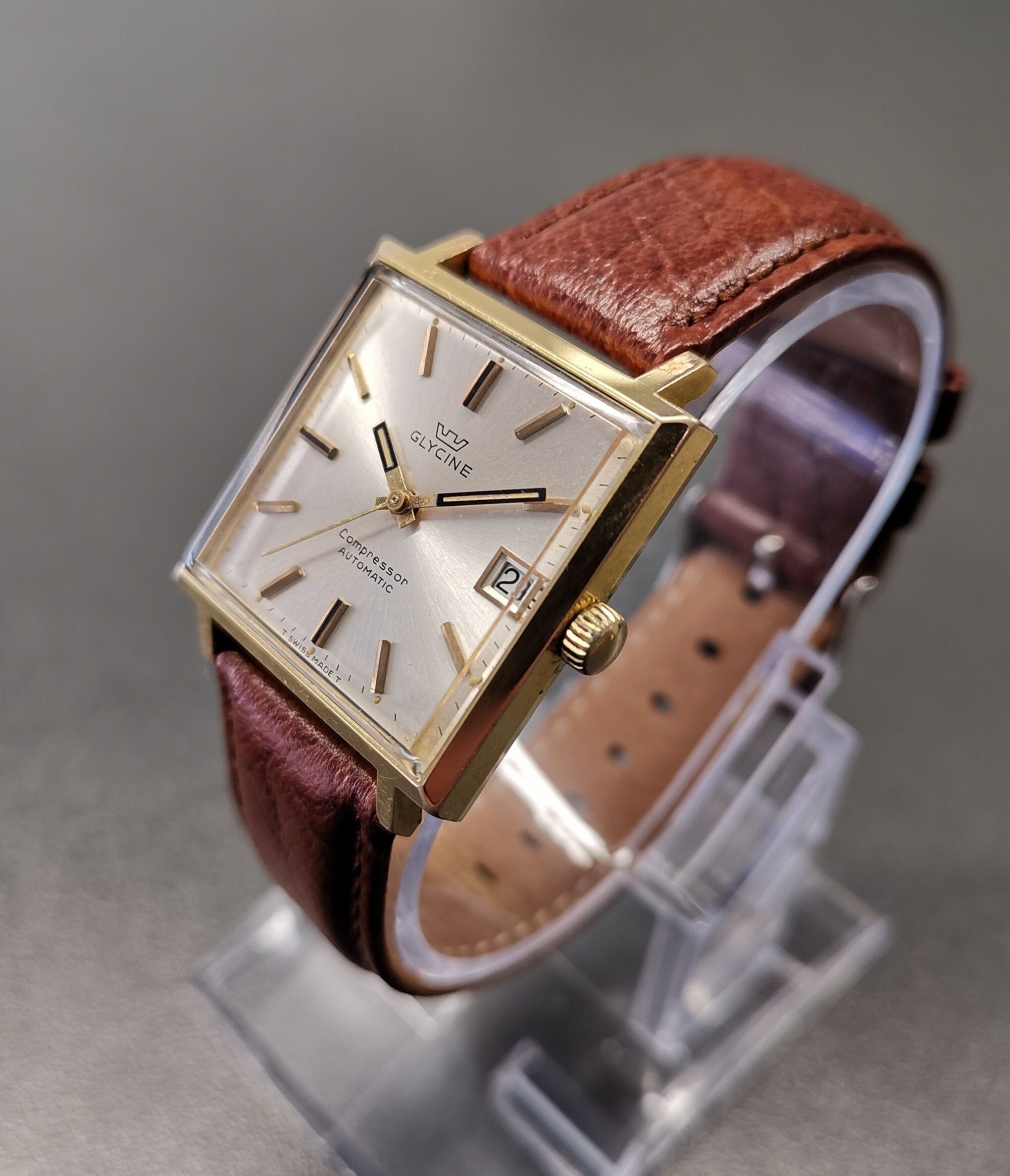 Vintage Swiss Men's Watch Glycine Compressor Automatic Square 1960's ETA  2522 with 17 Jewels Silver Tone Dial Gold Plated Case Old Antique