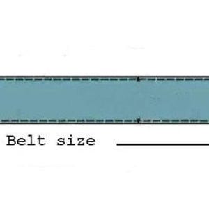 以下が含まれることがあります： 黒い四角いバックルと5つの穴が付いた水色のベルト。「Belt size」の文字がベルトの下に書かれています。ベルトは測定インジケーター付きで表示されています。