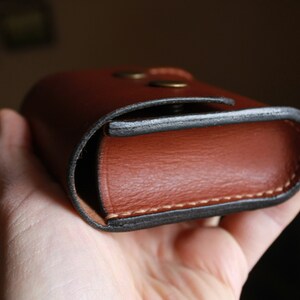 May include: A brown leather case with a black stitched edge and two brass rivets. The case is closed and held in a hand.