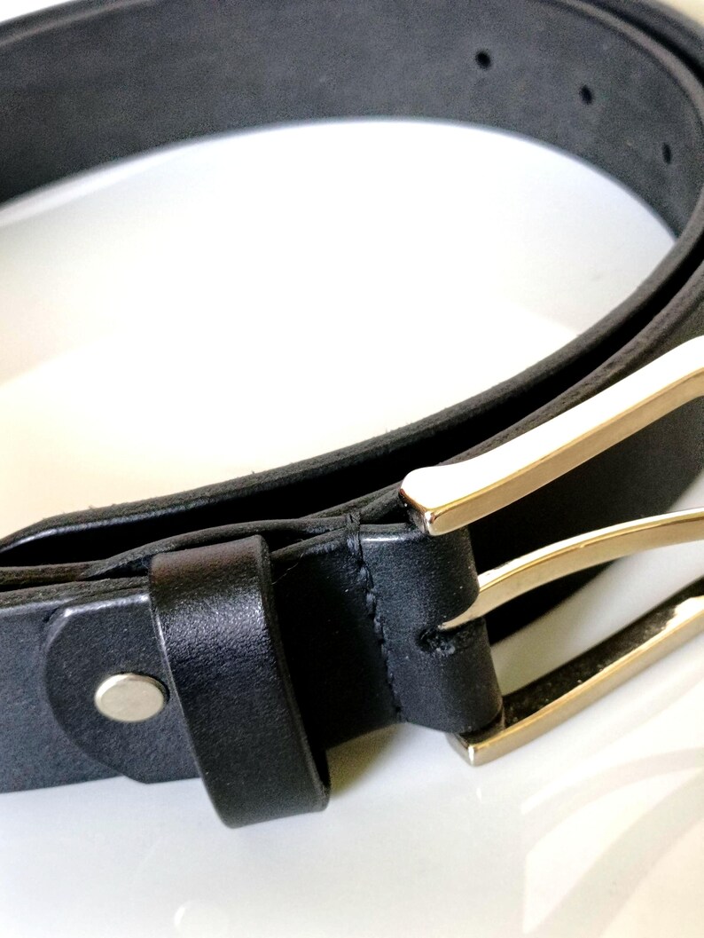 Handmade Full Grain Leather Belt, Black, Silver Buckle, 1.57" Width, Men's Work Belt image 8