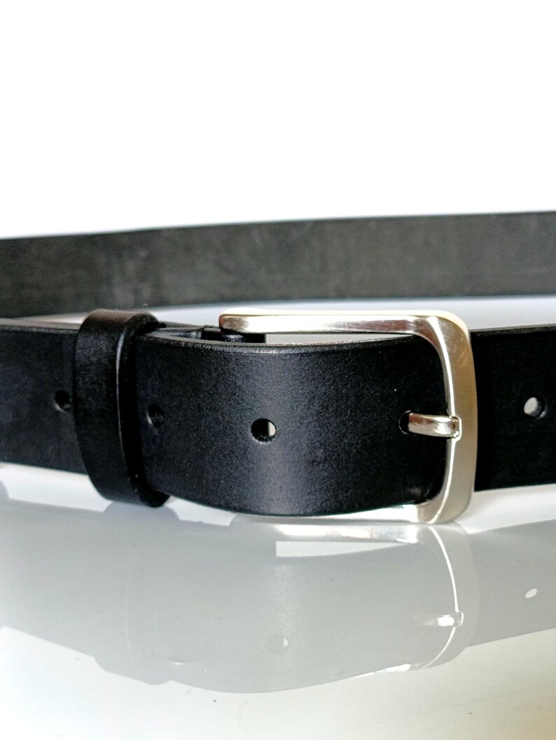 Handmade Full Grain Leather Belt, Black, Silver Buckle, 1.57" Width, Men's Work Belt image 3