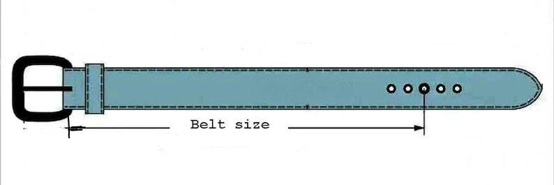 May include: A light blue belt with a black square buckle and five holes. The text "Belt size" is written below the belt. The belt is shown with measurement lines indicating the belt size.