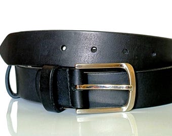 Handmade Full Grain Leather Belt, Black, Silver Buckle, 1.57" Width, Men's Work Belt