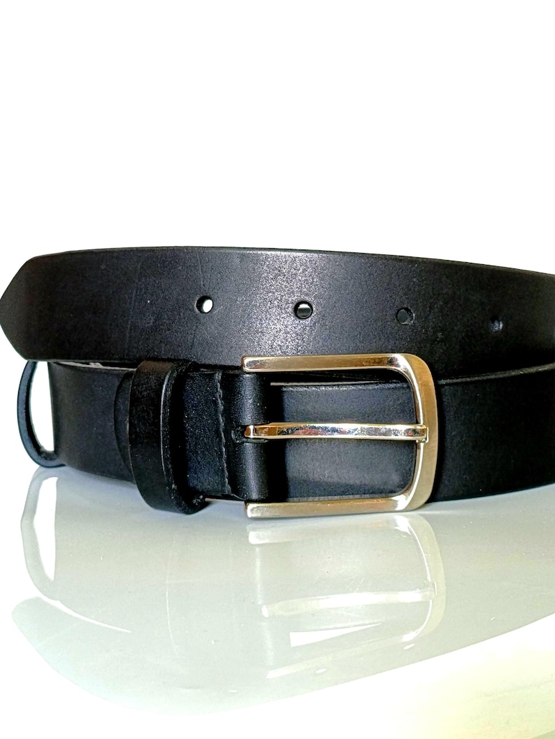 Handmade Full Grain Leather Belt, Black, Silver Buckle, 1.57" Width, Men's Work Belt image 1