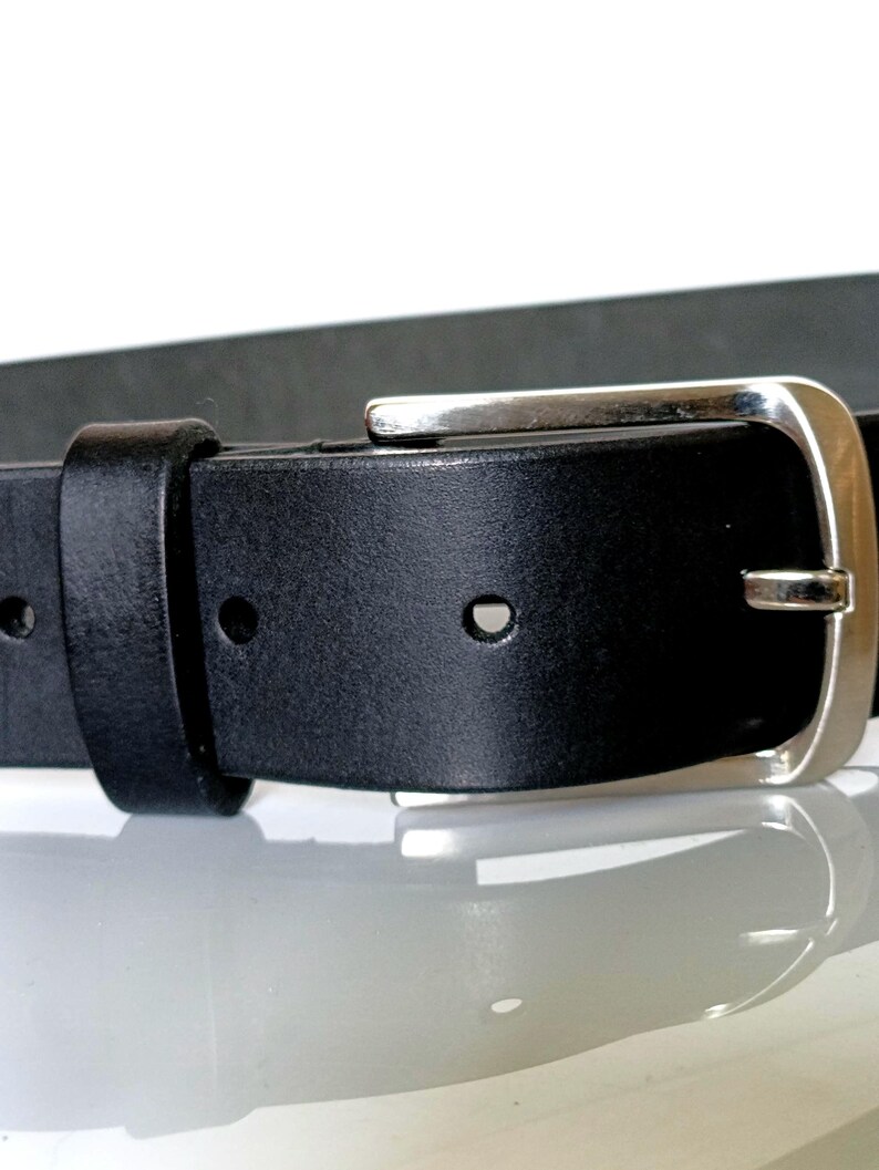 Handmade Full Grain Leather Belt, Black, Silver Buckle, 1.57" Width, Men's Work Belt image 4