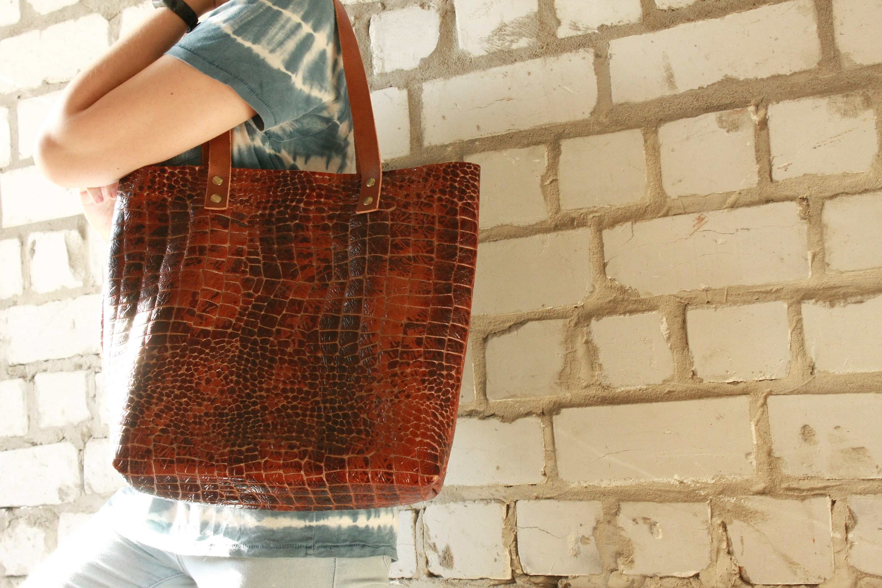 Bolso de cuero tote bolsa de compras bolso de hombro bolso | Etsy