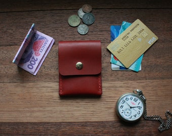 Handmade Red Leather Card Holder: Minimalist Mens Wallet