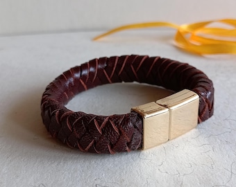 Handmade Brown Leather Braided Bracelet with Magnetic Clasp.