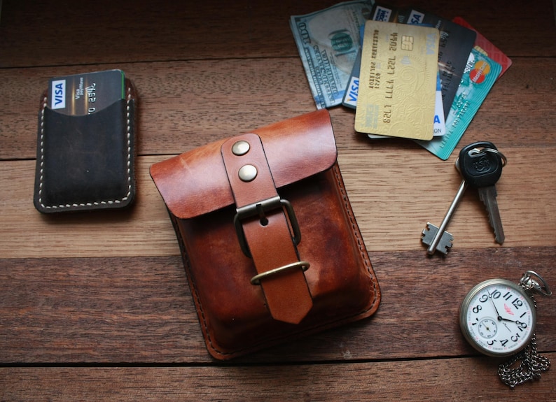 Handmade Leather Belt Pouch, EDC Waist Bag, Coin Card Holder image 1
