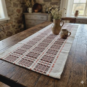 May include: An off-white table runner with a repeating pattern of dark red rectangles and lines. A brown ceramic vase with dried flowers and a small mug sit on the runner, which is placed on a rustic wooden table.