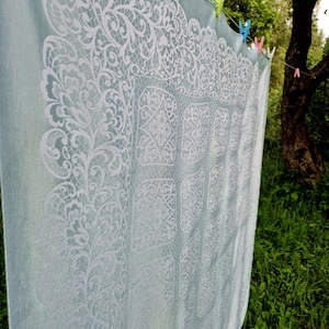 Vintage Mintgrüne Damast Tischdecke, 124 x 134 cm, Wendbar zweifarbig, Pastell Grün, Glänzender Jacquard