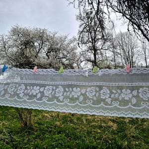 Op de afbeelding: Een wit kanten gordijn met een bloemenpatroon is met kleurrijke wasknijpers aan een waslijn bevestigd. Het gordijn is gespannen over een grasveld met bomen op de achtergrond.