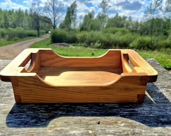 Vintage Holmbergs Sverige träbricka, Mid Century Modern massivt trä skrivbordsorganisatör