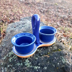 Blaue Keramik Gewürzdosen, 2 Salsa Schälchen, Pfeffer und Salz, Meerrettich und Senf