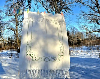Vintage embroidered cotton window curtain with crochet fringe