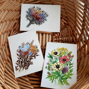 Conjunto de 3 cartões postais com flores sem uso, feitos na Letônia, flores do campo, cartão de felicitações de flores, cartões postais vintage