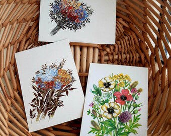 Set 3 Postcards with flowers unused, made in Latvia, meadow flowers , Flowers Greetings Card, vintage postcards