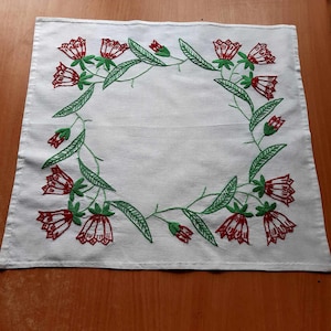 Vintage white cotton hand embroidered Square tablecloth. Summer tablecloth, wreath of red flowers