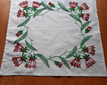 ヴィンテージ手刺繍花柄テーブルクロス：ホワイトコットン、28.4インチ