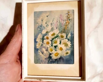 Vintage Miniature Daisy Watercolor Painting in Frame, Cottagecore Floral Art