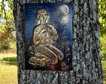 Vintage Brass Relief Wall Plaque, Flute Player, Copper Art