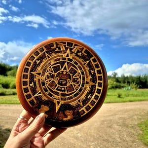 Vintage Wooden Aztec Mayan Calendar Wall Art, Handcrafted Inlay Mosaic Wood Plate, Mid Century Mexican Souvenir Decor